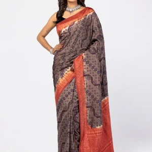 Copper-Grey Tie-Dyed and Wax-Dyed Silk Saree