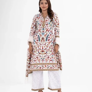 White Blended Cotton Straight Kameez